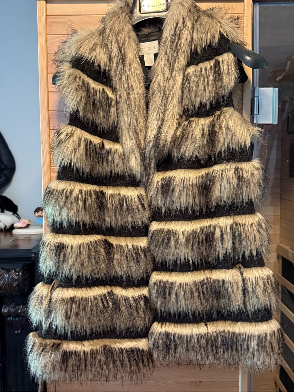 Chico's Faux Fur Striped Vest in Black and Brown